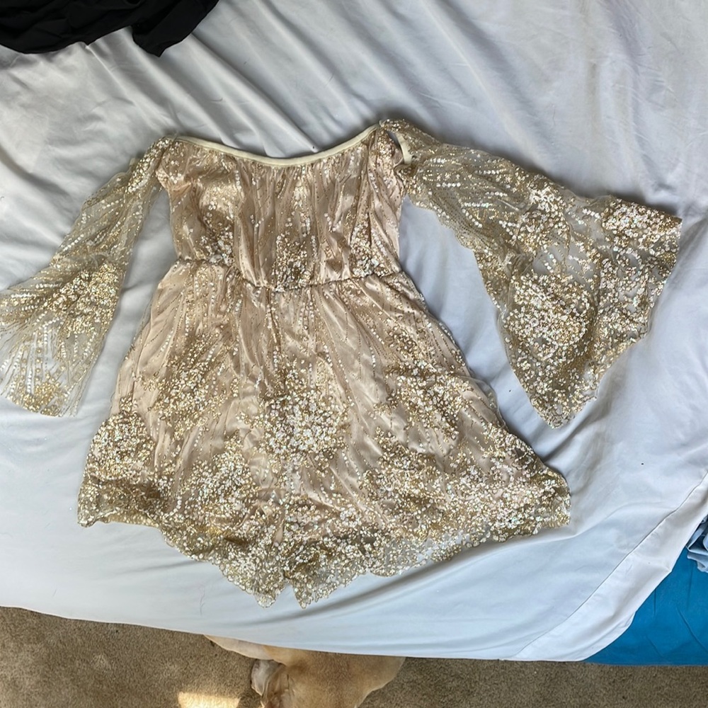 Boutique Glitter Party Short Romper, Tan- Size XL